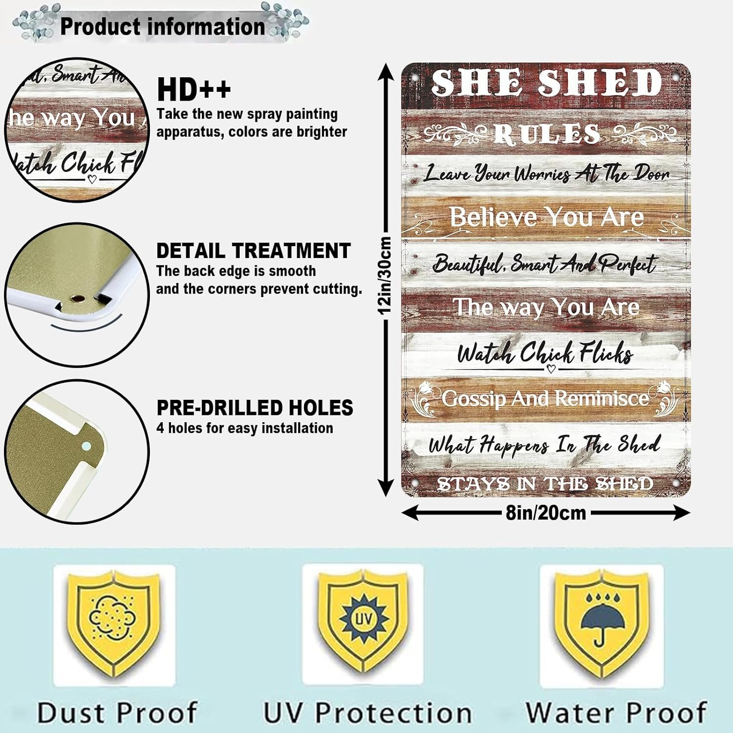 She Shed Decor Metal Tin Sign She Shed Rules Sign Farmhouse Wall Sign for Home Kitchen Garden Women Cave Gift for Girlfriend Ladies 12 * 8in