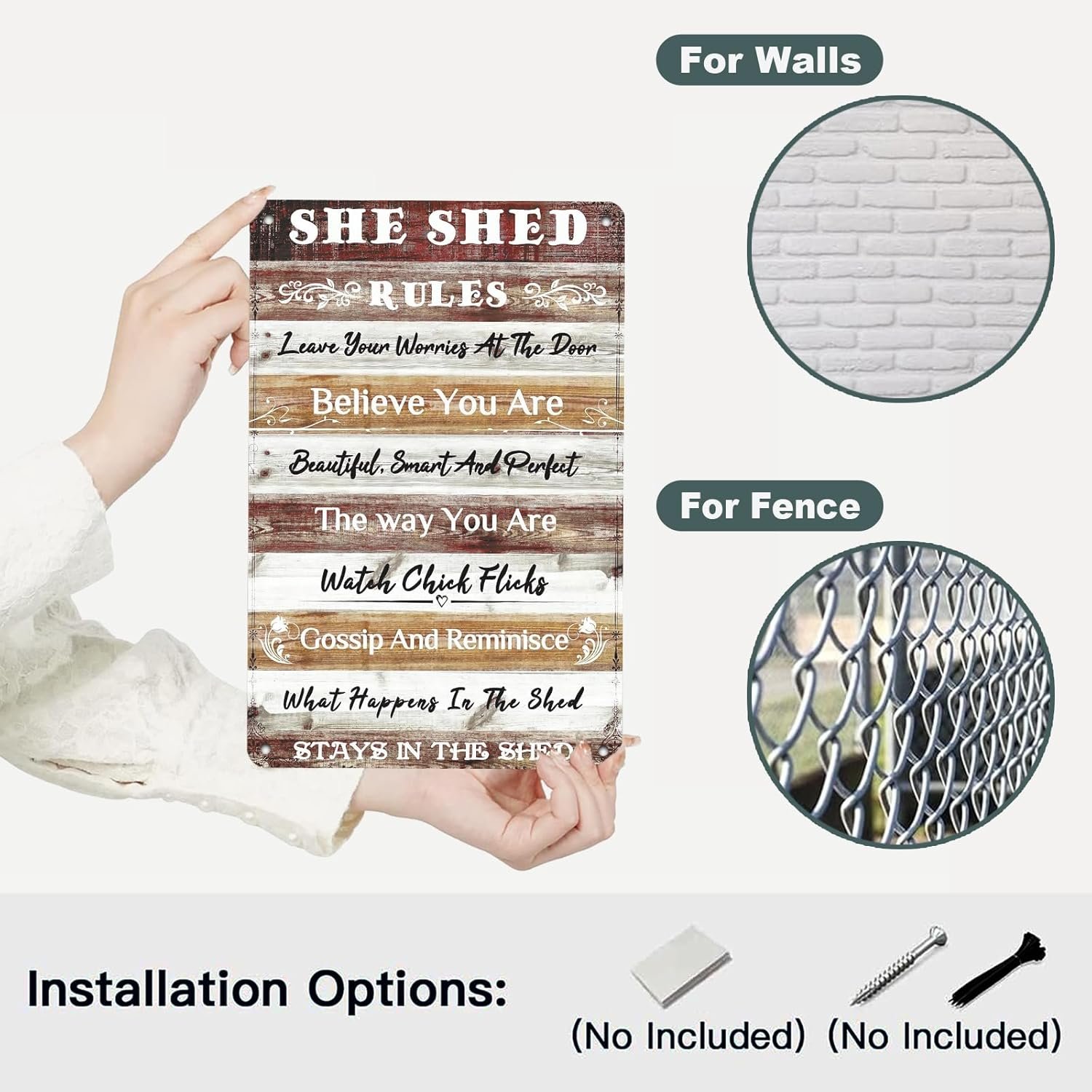 She Shed Decor Metal Tin Sign She Shed Rules Sign Farmhouse Wall Sign for Home Kitchen Garden Women Cave Gift for Girlfriend Ladies 12 * 8in