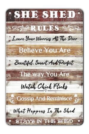 She Shed Decor Metal Tin Sign She Shed Rules Sign Farmhouse Wall Sign for Home Kitchen Garden Women Cave Gift for Girlfriend Ladies 12 * 8in