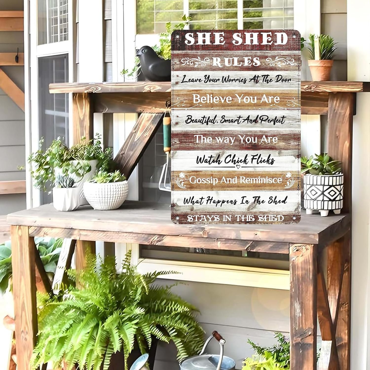 She Shed Decor Metal Tin Sign She Shed Rules Sign Farmhouse Wall Sign for Home Kitchen Garden Women Cave Gift for Girlfriend Ladies 12 * 8in
