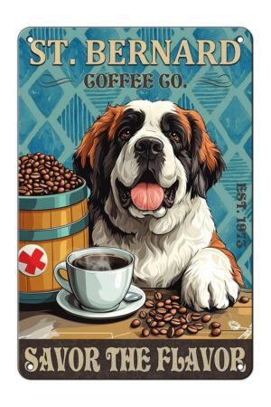 St. Bernard Dog Coffee Vintage Metal Tin Sign Dog Coffee Shop Bar Cafe Wall Decor for Bars Restaurants Cafes Pubs 12 * 8in