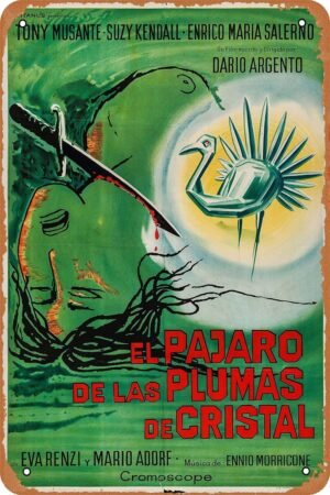 The Bird with the Crystal Plumage Horror Movie Poster Tin Sign Vintage Metal Sign Retro Wall Decor 12x8 Inches