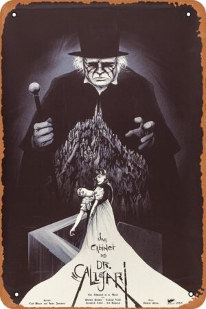 The Cabinet of Dr. Caligari by Kevin Tong Horror Movie Poster Tin Sign Vintage Metal Sign Retro Wall Decor 12x8 Inches