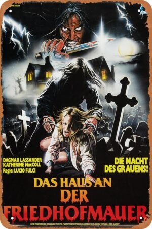 The House by the Cemetery 1982 Horror Movie Poster Tin Sign Vintage Metal Sign Retro Wall Decor 12x8 Inches