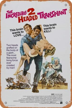 The Incredible 2-Headed Transplant Horror Movie Poster Tin Sign Vintage Metal Sign Retro Wall Decor 12x8 Inches
