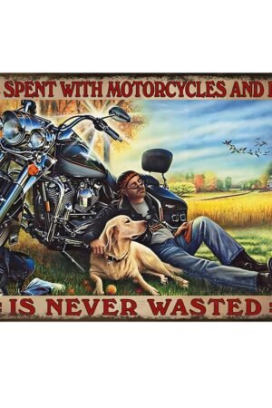 Time Spent with Motorcycles and Dogs is Never Wasted Gifts Funny Bathroom Decor Wall Art Coffee Bar Vintage Metal Tin Sign Office Home Toilet Signs Wall Decor Pictures 8X12 Inch
