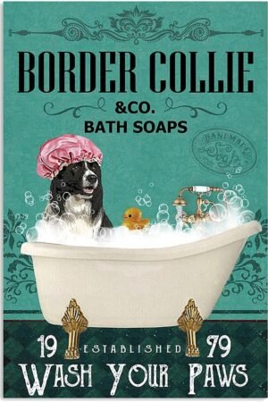 Tin Sign For Bathtub Dog Retro Metal Sign, Border Collie Bath Soap Bubble Poster Vintage Toilet Cave Bar Home Bathroom Wall Decoration Sign 8X12 Inches