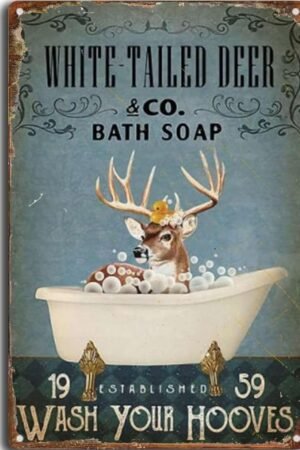 Tin Sign White Tailed Deer Bathroom Decor Deer Bath Soap Funny Metal Tin Sign Wall Decor 8x12inch