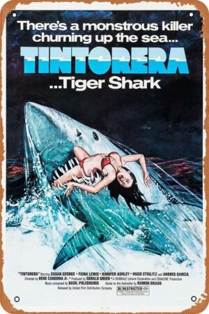 Tintorera Tiger Shark Horror Movie Poster Tin Sign Vintage Metal Sign Retro Wall Decor 12x8 Inches