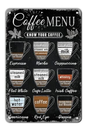 Vintage Coffee Menu Wall Decor Metal Sign for Bar, Restaurant, Cafe, Pub, Office, Kitchen, Home Coffee Station - 12 * 8in