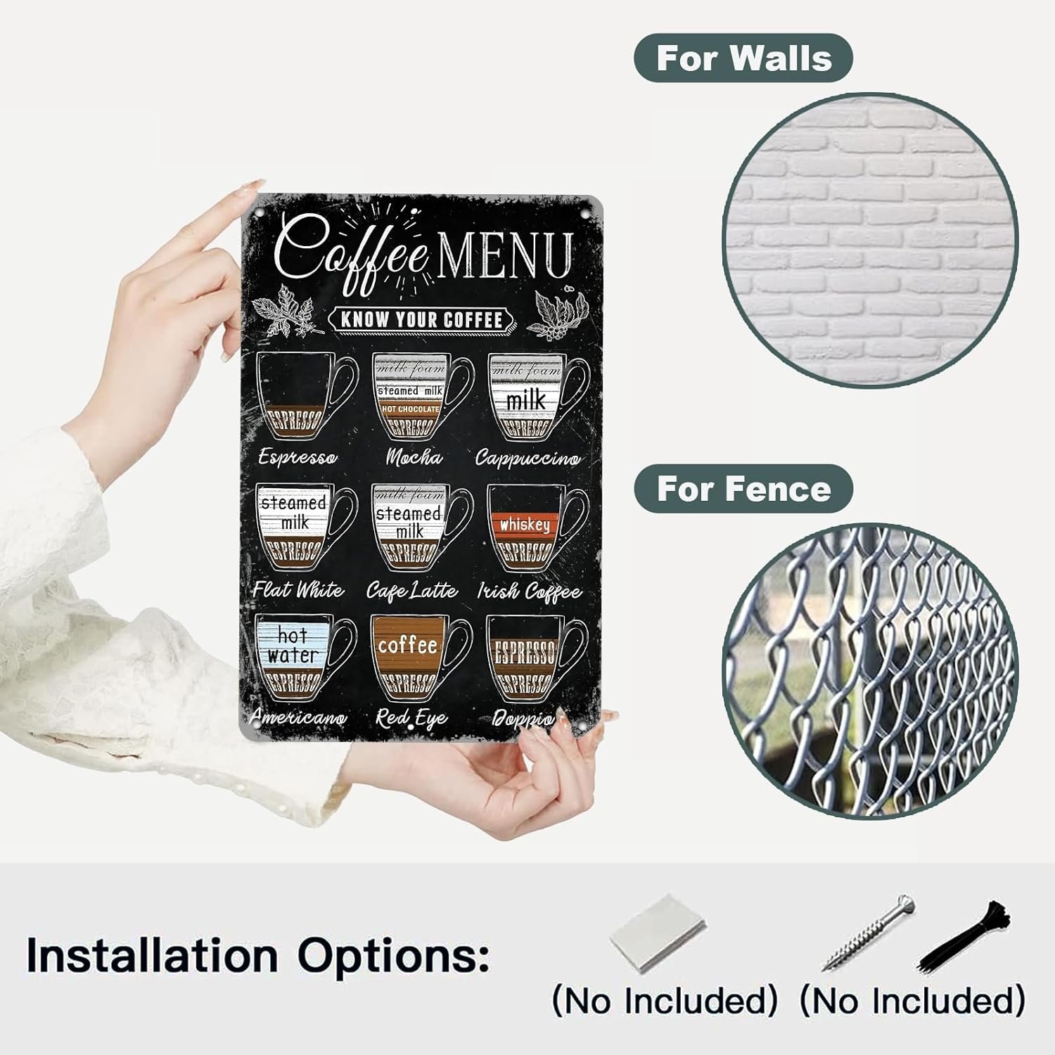 Vintage Coffee Menu Wall Decor Metal Sign for Bar, Restaurant, Cafe, Pub, Office, Kitchen, Home Coffee Station - 12 * 8in