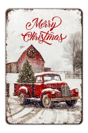 Vintage Red Truck Tin Sign - Merry Christmas Truck & Tree Metal Tin Sign - Winter Rustic House Yard Xmas Pickup Holiday Wall Decoration - 8x12Inch